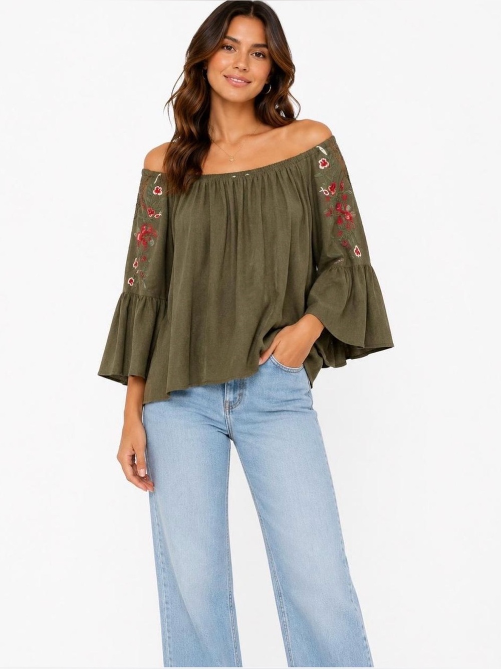 Umgee Olive Embroidered Floral Bell Sleeve Boho Peasant Top Small